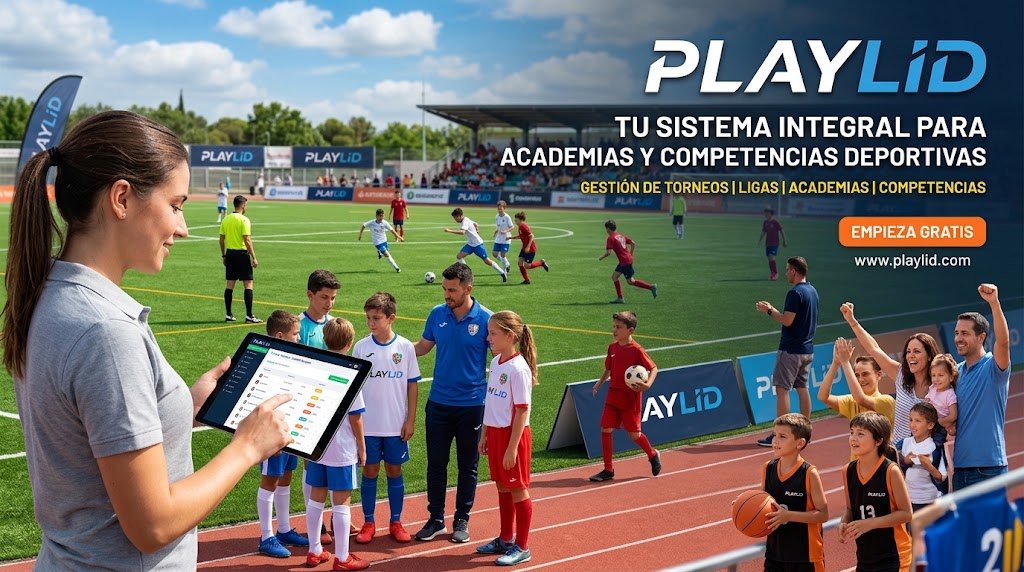 Entrenadora usando PlayLid en una tableta junto a jugadores, árbitro y familias en una cancha